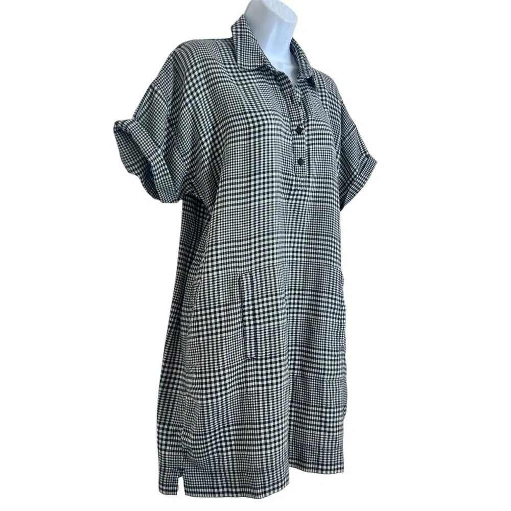 Toad&Co Platitude Short Sleeve Shirt Dress Black and White Plaid Size M